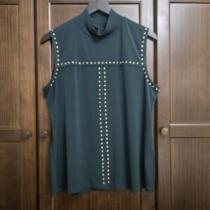 Calvin Klein Womens XL Mock Neck Sleeveless Top‎ Tank Studded Jewel Hunter Green